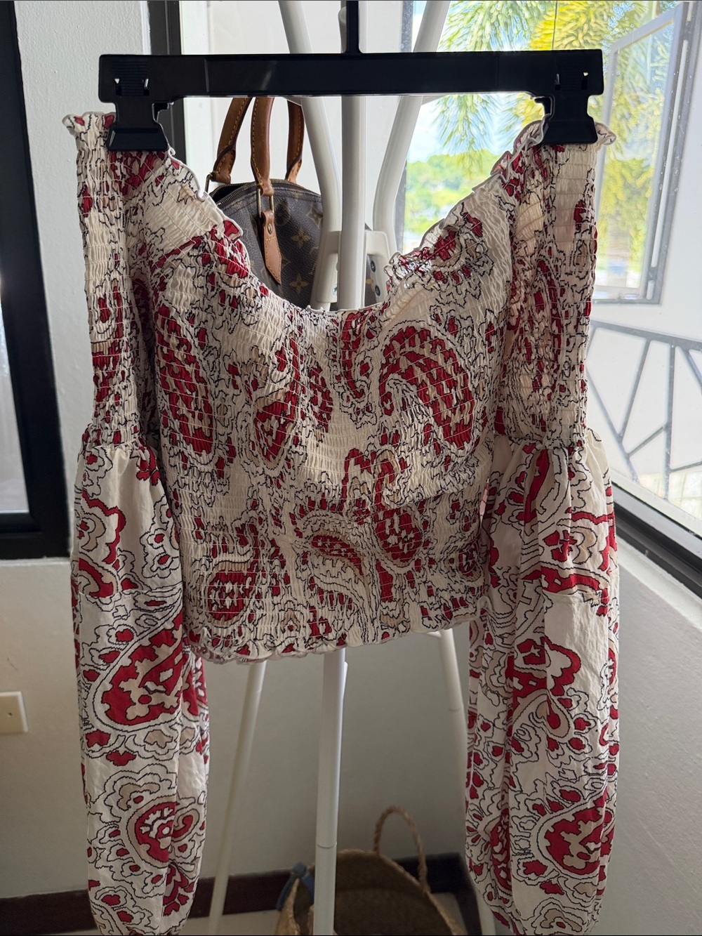 H&M Cream and Red Paisley Smocked Off-Shoulder Top